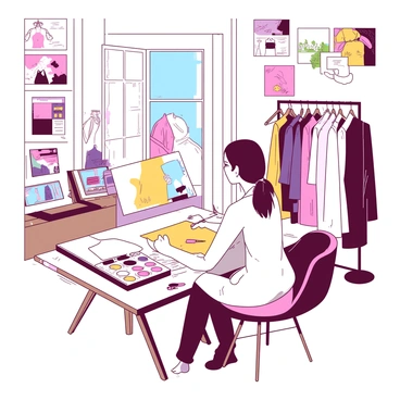 A white fashion illustrator is seated at a large wooden drafting table in their studio, surrounded by various art supplies. The illustrator is focused on sketching a model, with a pencil in one hand and a sheet of textured paper in front of them. The studio has walls adorned with colorful fashion illustrations and fabric swatches pinned like artwork. A bright window allows natural light to flood the space, illuminating a nearby rack filled with different garments and accessories. On the table, there are also tubes of paint and brushes alongside a palette with vibrant colors.