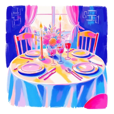 An intimate dinner setting features a beautifully set table with a white linen tablecloth. Flickering candles in glass holders create a warm glow. There are soft flowers arranged in a small vase at the center of the table. Two elegant wine glasses are positioned side by side, angled as if they are about to clink. The dinnerware includes fine china plates and polished silverware, adding to the romantic atmosphere. The surrounding ambiance is soft and inviting.