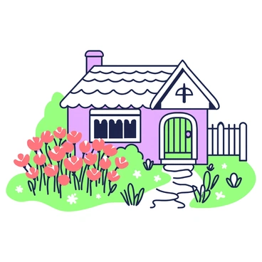 A quaint countryside cottage is nestled within a lush landscape. The cottage features a thatched roof and charming wooden window frames. In the front yard, an abundance of blooming poppies creates a vibrant display. The poppies sway gently in the breeze, their petals open wide. Nearby, a wooden fence encloses the yard, adding to the rustic charm. A stone pathway leads up to the cottage door, surrounded by green grass and a few scattered wildflowers.