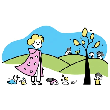 A wide landscape featuring rolling green hills under a clear blue sky. Inhabitants of this world include whimsical characters inspired by the 2022 Hans Christian Andersen Award winner's illustrations. A tall figure wearing a flowing cloak with intricate patterns stands in the foreground, surrounded by smaller characters with playful expressions. Some characters have unique features, such as large, expressive eyes and colorful hair. Nearby, a tree with vibrant leaves forms a backdrop, while fantastical creatures can be seen interacting in the background. Each character is engaged in a different activity, adding life to the scene.