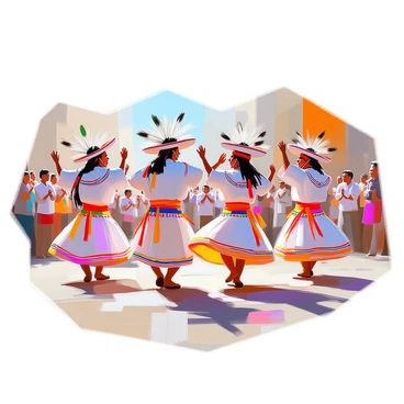 A group of dancers in traditional Aztec costumes is performing a ceremonial dance in an open space. The dancers wear intricate feathered headdresses, vibrant woven garments adorned with colorful patterns, and decorative jewelry. Their movements are synchronized, with arms raised and feet tapping rhythmically on the ground. Surrounding them are onlookers, some clapping in appreciation. The dancers' expressions reflect focus and passion as they engage in their cultural ritual. The sunlight casts shadows on the ground, highlighting the vibrant colors of their attire.
