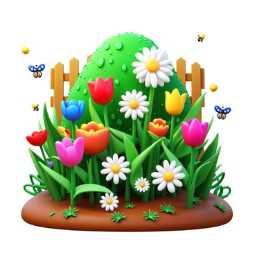 A vibrant garden filled with various blooming flowers, including tulips, daisies, and roses. The leaves of the plants have droplets of water glistening on them, reflecting the sunlight. The soil is rich and dark, showing signs of recent rain. Small patches of grass are lush and green, adding to the colorful scene. Butterflies flutter around the flowers, and a few bees can be seen collecting nectar. In the background, there are vibrant green shrubs and a picket fence partially visible. The overall atmosphere conveys freshness and vitality.