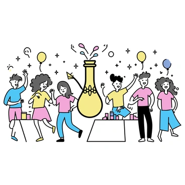 A vibrant festival scene filled with people dancing. Groups of individuals in colorful clothing are moving joyfully, their expressions filled with excitement. In the center of the scene, there is a giant decorative bong, adorned with intricate patterns and bright colors. The bong stands tall, drawing the attention of the festival-goers surrounding it. Balloons and streamers hang in the air, adding to the festive atmosphere. A few tables with drinks and snacks are scattered nearby, with people socializing and enjoying the lively event.