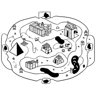 A board game layout featuring a detailed map of ancient civilizations. There are small black and white pyramids placed across the board, with intricate designs etched on their surfaces. Additionally, several temples are represented in various sizes, showcasing unique architectural styles. Game pieces in the form of warriors and scholars are scattered on the board, positioned near the pyramids and temples. The background includes a grid pattern and markers indicating different territories, enhancing the historical theme of the game.