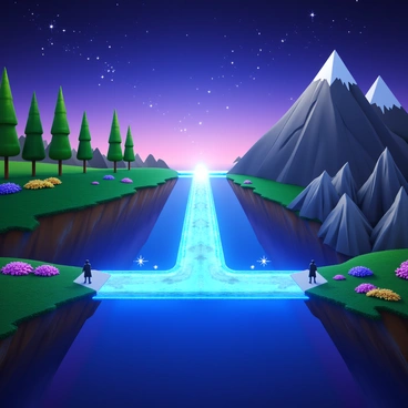 A bridge constructed of radiant light, glowing in various colors, stretches across a void. The bridge has a transparent, ethereal quality, with shimmering particles floating around it. On either side of the bridge, distinct realms can be seen: one side features a lush, green landscape with tall trees and vibrant flowers, while the other displays a stark, rocky terrain with jagged mountains under a twilight sky. Wisps of energy travel along the surface of the bridge, illuminating the path, and silhouettes of figures can be seen moving from one realm to another.