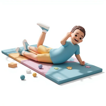 A young child, wearing a bright blue t-shirt and colorful shorts, is lying on a vibrant gym mat decorated with various shapes and patterns. The child is enthusiastically raising their legs, with arms bent at the sides for balance. Sunlight streams in from a nearby window, casting soft shadows on the mat. A few colorful fitness balls and a small foam block are scattered around, adding to the playful atmosphere. The child's expression is joyful and focused as they engage in this fun activity.