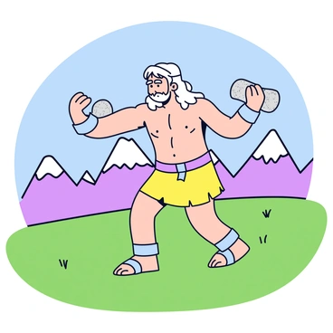 An ancient warrior with a muscular build is positioned on a grassy field. He has long flowing hair and is wearing a traditional tunic. His arms are extended as he performs skull crushers with heavy stone weights. The weights are rough and unpolished, contrasting with the warrior's determined expression. Behind him, there are mountains in the distance under a clear blue sky, providing a natural backdrop to his intense workout.