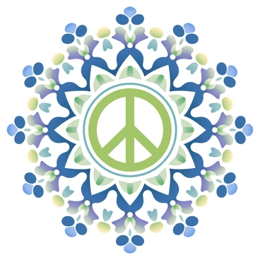 A large mandala is centered around a prominent "peace symbol" at its core. The mandala features intricate, symmetrical patterns radiating outward, filled with "calming colors" such as soft blues, greens, and gentle purples. The designs include floral motifs and geometric shapes, creating a harmonious flow throughout the artwork. Each layer of the mandala is adorned with delicate details that enhance its complexity, while the background is subtly textured to evoke a sense of tranquility.