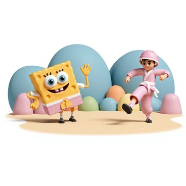SpongeBob SquarePants, wearing a bright yellow karate gi with a matching belt, is positioned in a dynamic stance, ready to execute a karate move. His large, expressive eyes are focused and determined. Next to him, Sandy Cheeks is dressed in a pink karate outfit, complete with her iconic helmet and a white belt, displaying a confident smile as she prepares to kick high. The sandy arena is surrounded by large, colorful rock formations, and there is a clear blue sky above, adding to the lively atmosphere of their karate practice.