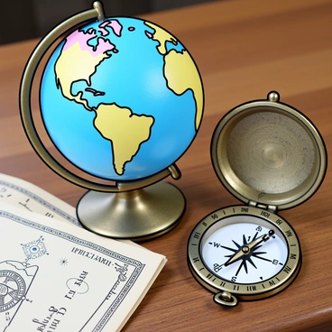 A detailed globe, featuring vivid blue oceans and colorful continents, is positioned prominently on a wooden navigation table. Beside it, an antique brass compass with intricate engravings is open, its needle pointing north. The table has a rich texture with visible wood grain, and is adorned with a small stack of old navigation maps.
