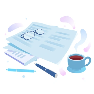 A cluttered desk topped with stacks of payroll documents scattered around. A pair of reading glasses rests on top of one of the documents. Beside the papers, there is a steaming cup of tea resting on a coaster, with wisps of steam rising gently into the air. A few pens and a notepad are also visible on the desk, adding to the organized chaos of the workspace.