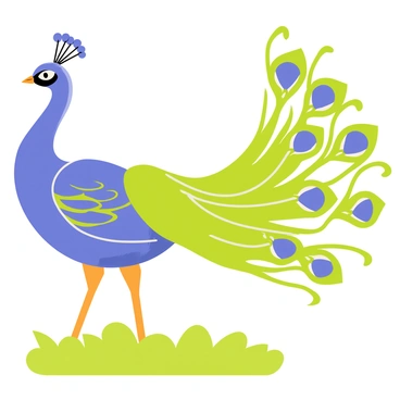 A peacock with vibrant blue and green feathers is elegantly spreading its fan-like tail. The tail is adorned with intricate art nouveau swirls in shades of gold and silver. Each feather showcases a unique eye pattern, adding to the peacock's beauty. The bird stands on a patch of lush green grass, with its neck gracefully arched and its head held high, displaying its magnificent plumage.