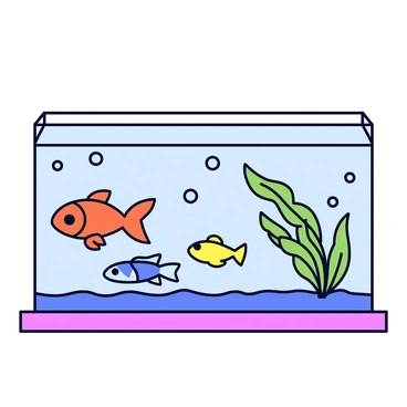 An aquarium with a rectangular shape filled with clear water. Inside the aquarium are various types of fish, including a bright orange goldfish, a small blue tetra, and a yellow guppy. Bubbles are rising from the bottom of the tank, creating a lively effect. Aquatic plants with green leaves are swaying gently in the water, adding to the vibrant underwater scene. The tank is placed on a simple wooden stand.