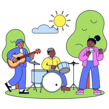 A group of musicians playing instruments together in a park. One musician is playing a guitar with a wooden body and light brown color. Another musician is playing a drum set, featuring shiny silver drums with white drumheads. A third musician is playing a flute, holding it gracefully. The sun is shining brightly, casting soft shadows on the green grass. Trees with vibrant green leaves surround the musicians, and a clear blue sky is visible above.