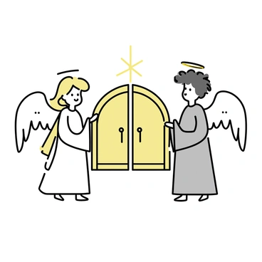 Two guardian angels, one with flowing white robes and golden hair, and the other with silver robes and dark hair, stand beside "heaven's gate." The angels have large, white feathered wings that are slightly spread. Their expressions reflect watchfulness and serenity. The gate itself is ornate, made of shining gold with intricate designs. Above the gate, there is a radiant light emanating from within, casting a soft glow on the angels and the surrounding area.