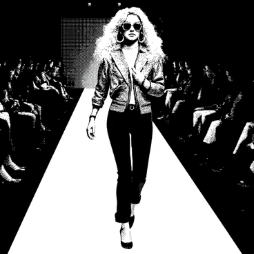 A female figure is confidently strutting down a runway. She has long blonde hair styled in voluminous curls. She is wearing a bold and fashionable outfit, complete with a bright patterned jacket and high-waisted pants. Her striking accessories include large hoop earrings and oversized sunglasses. The runway is lined with excited spectators, and bright lights illuminate the scene, casting bold shadows. Elegant high heels emphasize her confident stride. The overall composition captures the essence of a dynamic 80s fashion show.
