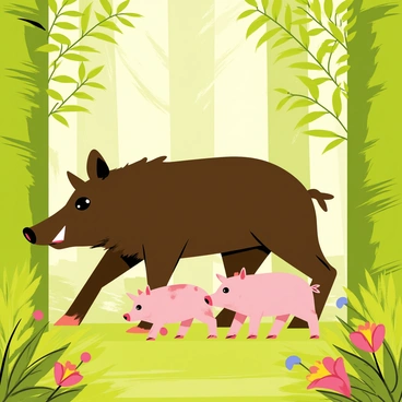 A wild boar family consisting of a large adult boar and three smaller piglets is walking together through a dense forest. The adult boar is dark brown with coarse fur, while the piglets are lighter with some spots. They are surrounded by tall green trees, with sunlight filtering through the leaves, creating dappled patterns on the forest floor. Bright green ferns and colorful wildflowers add to the vibrant scenery. The atmosphere is lively with the sounds of nature all around.