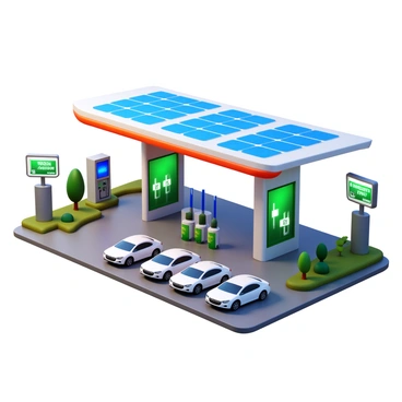 A futuristic gas station featuring sleek, modern architecture with smooth lines and vibrant colors. The station has solar panels installed on the roof, harnessing sunlight for energy. Multiple charging stations for electric vehicles are prominently displayed, with electric cars plugged in and charging. A dedicated area for biofuels is clearly marked, showcasing a variety of biofuel options in eco-friendly containers. Surrounding the gas station, there are green spaces with native plants and trees, emphasizing sustainability. Bright LED signage indicates the availability of services, with the words "Biofuels" and "Electric Charging" illuminated.