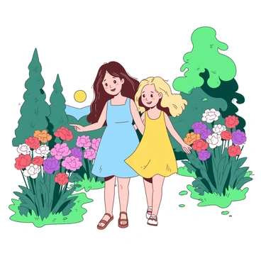 Two friends, a girl with long flowing brown hair and a girl with short curly blonde hair, are walking side by side through a lush garden filled with colorful flowers. The girl with brown hair is wearing a light blue dress, while the girl with blonde hair is in a bright yellow sundress. They are stopping to admire the flowers, pointing at various vibrant blooms, which display shades of pink, purple, and orange. The sun is shining brightly, casting soft shadows on the green grass under their feet. In the background, there are tall trees providing a natural frame to this cheerful scene.