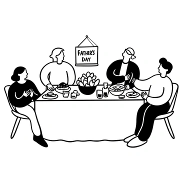 A table is set for a Father's Day brunch, covered with a white tablecloth and adorned with plates of assorted delicious food including pancakes, fresh fruit, and a large bowl of salad. There are several glasses filled with orange juice arranged neatly next to the plates. "Happy Father's Day" is written on a decorative sign placed at the center of the table. Around the table, there are chairs with family members gathered, sharing laughter and joy, while a bouquet of flowers sits in the middle, adding to the celebratory atmosphere. A few of the family members are serving food to one another.