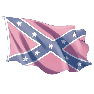 A close-up illustration of a "Confederate battle flag" displaying its distinct design. The flag features a blue cross adorned with white stars against a red background. The fabric appears to ripple dynamically as it waves in the wind, capturing the motion and texture of the cloth. Shadows and highlights add depth to the folds of the flag, emphasizing its contours and movement. The background remains neutral, ensuring the focus remains solely on the flag's details.