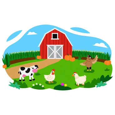 A vibrant farmyard scene with a variety of animals including a cheerful cow, playful chickens, and a fluffy sheep. The ground is covered with patches of green grass and colorful flowers. Rows of crops in various shades of green stretch out, with tall cornstalks and bright orange pumpkins noticeable among them. In the background, a rustic wooden barn stands tall, painted red and adorned with a weathered, whitewashed door. A bright blue sky with fluffy white clouds provides a cheerful backdrop to the entire scene.