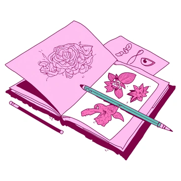 A pink tattoo artist's sketchbook is open, showcasing various intricate tattoo designs across its pages. The designs include detailed floral patterns, elaborate geometrical shapes, and mythical creatures. A teal pencil lies next to the sketchbook, and a few loose sheets with additional sketches are scattered around it. The background is softly blurred, allowing the focus to remain on the sketchbook and the creativity within.