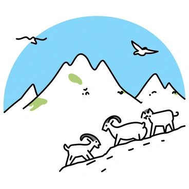 A vast mountain landscape, featuring towering peaks with rocky surfaces and patches of green vegetation. Several mountain goats are positioned on a rocky ledge, with their distinct curved horns and sturdy legs. Above, a couple of eagles are soaring in the clear sky, their wings spread wide as they glide effortlessly. The scene captures the rugged beauty of nature, with the mountains sharply contrasting with the blue sky.