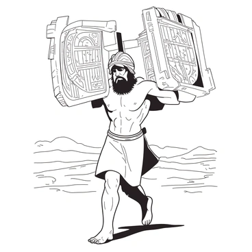A muscular figure representing "Samson" is shown striding confidently, carrying the enormous "gates of Gaza" on his shoulders. The gates are depicted as large, intricately designed structures, heavy and imposing, resting on Samson's powerful physique. His expression reflects determination and strength, with a backdrop of a vast landscape that emphasizes the scale of his burden. The scene captures the contrast between his robust form and the weight of the gates, showcasing the essence of his legendary feat.