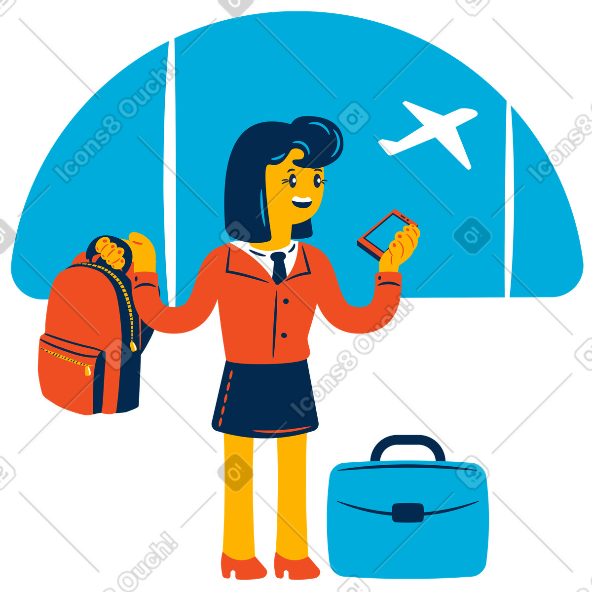 Flame 스타일의 Businesswoman checking her mobile phone at the airport, Modern air travel concept 일러스트레이션 PNG, SVG 다운로드