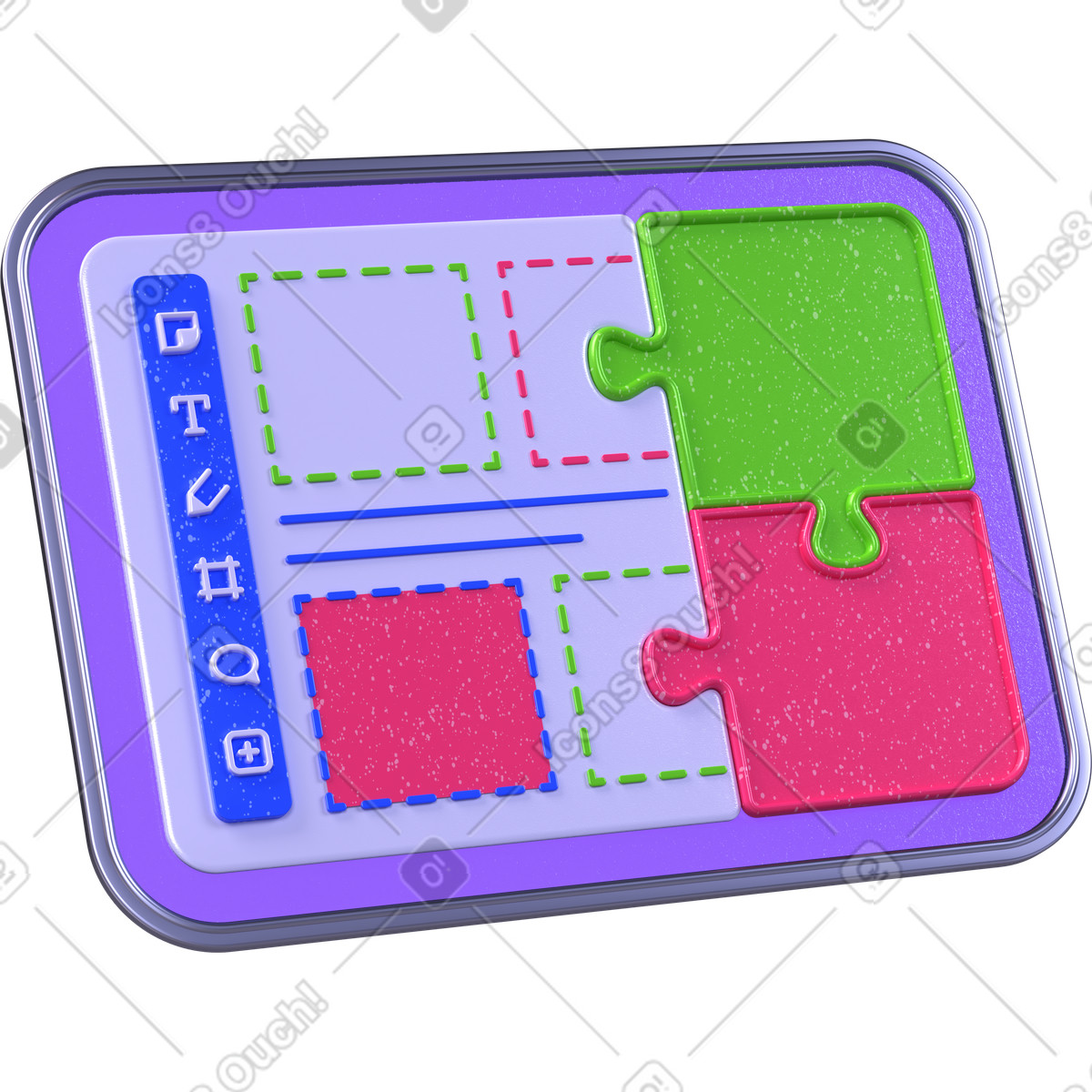 Moduli software integrati, puzzle uniti insieme su un layout, integrazione di sistema senza soluzione continuità illustrazione in stile 3D Boost scarica in PNG, SVG