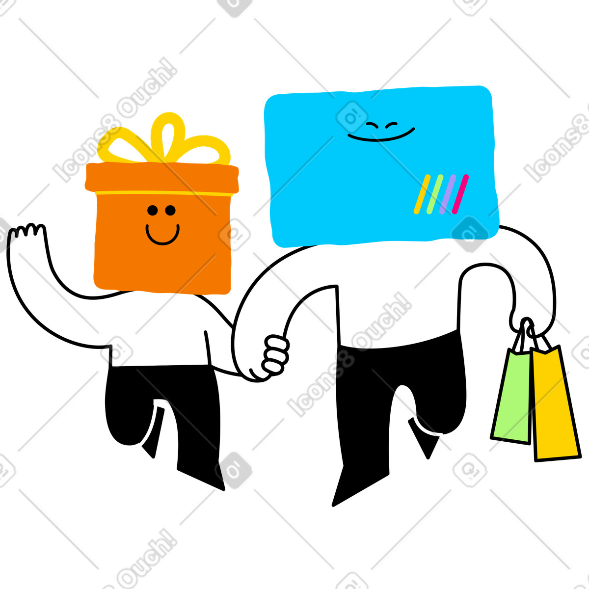 Illustration Personnages achetant des cadeaux lors d'une virée shopping dans le style Giggle à télécharger aux formats PNG, SVG