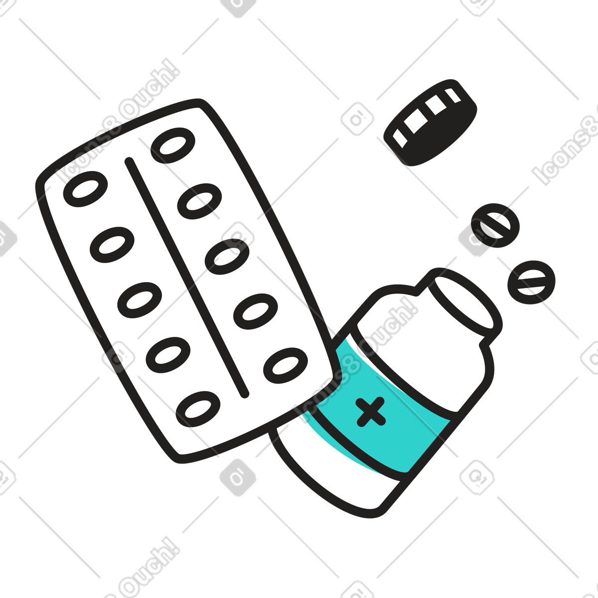 Pharmacy items: blister and bottle of pills-Illustration im Little-Stil als Download in PNG, SVG