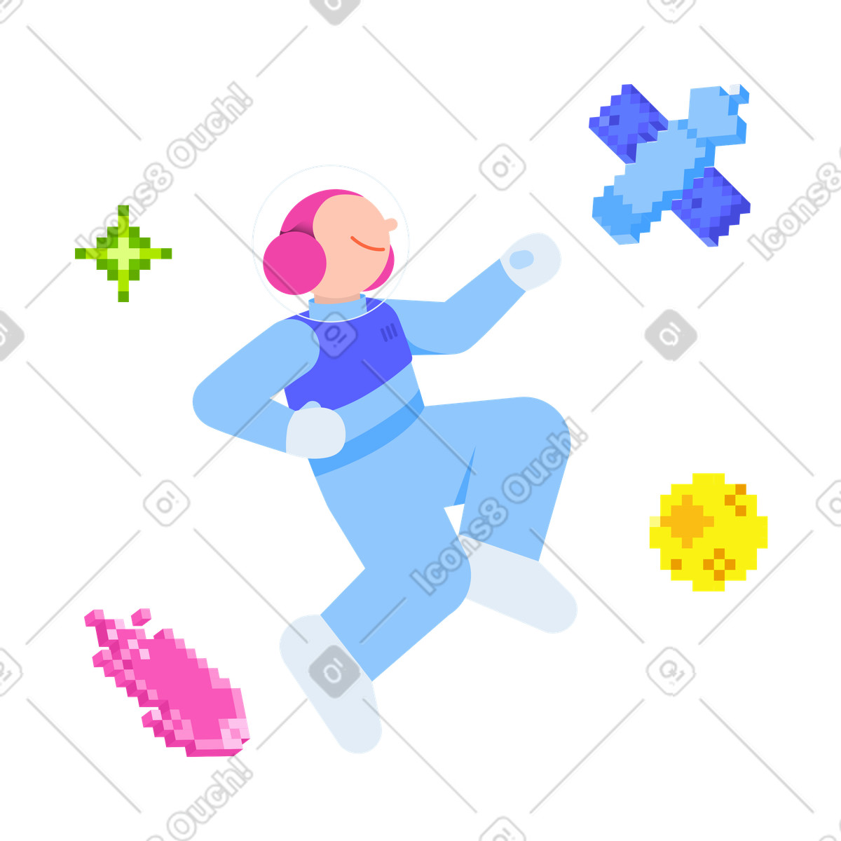 Weltraumforschungsmission und technologie animierte Illustration im 8bit-Stil als Download in GIF, Lottie (JSON), AE