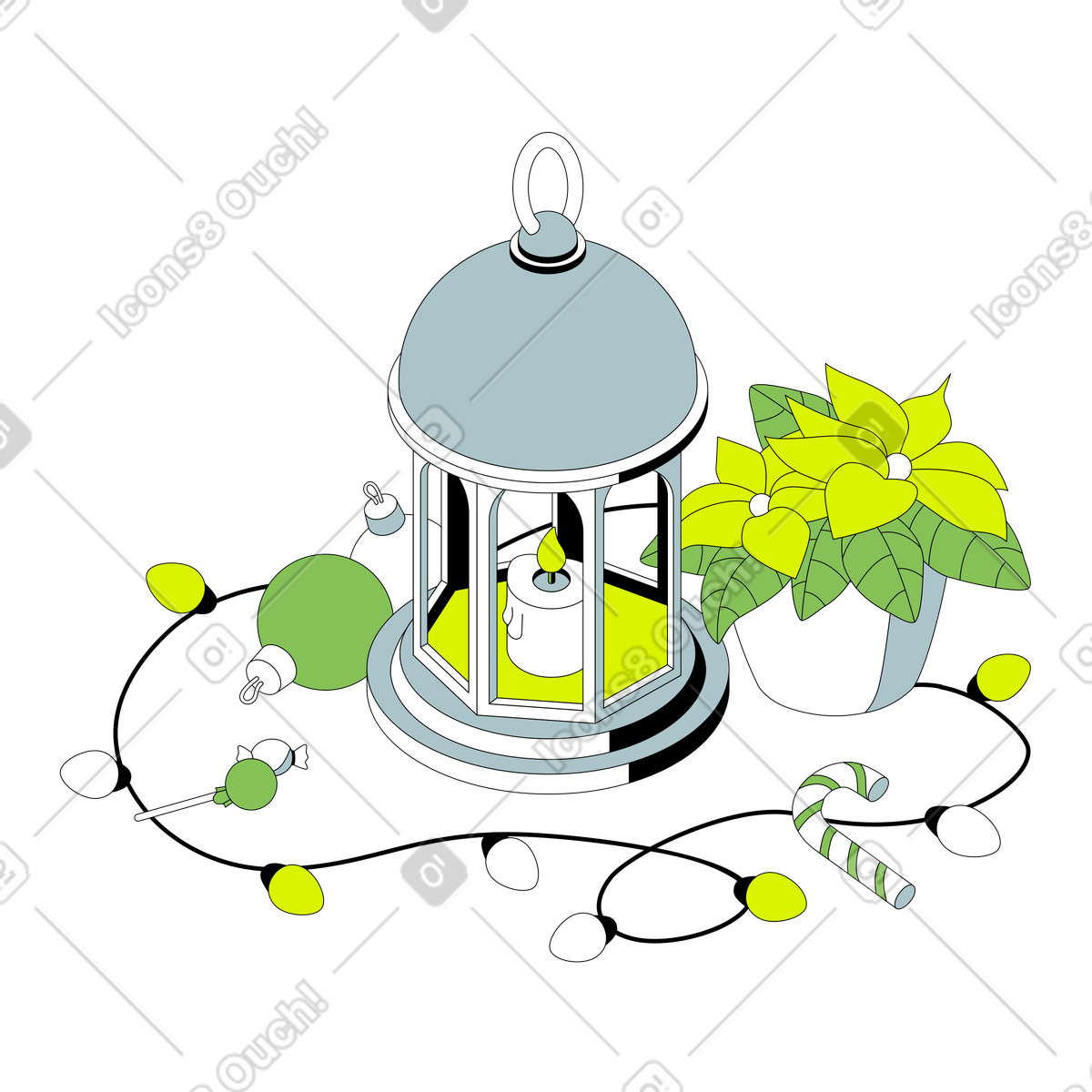 下载 Isometric 风格的 灯笼、圣诞装饰品和糖果 动画插图，支持 GIF、Lottie （JSON）、AE 格式
