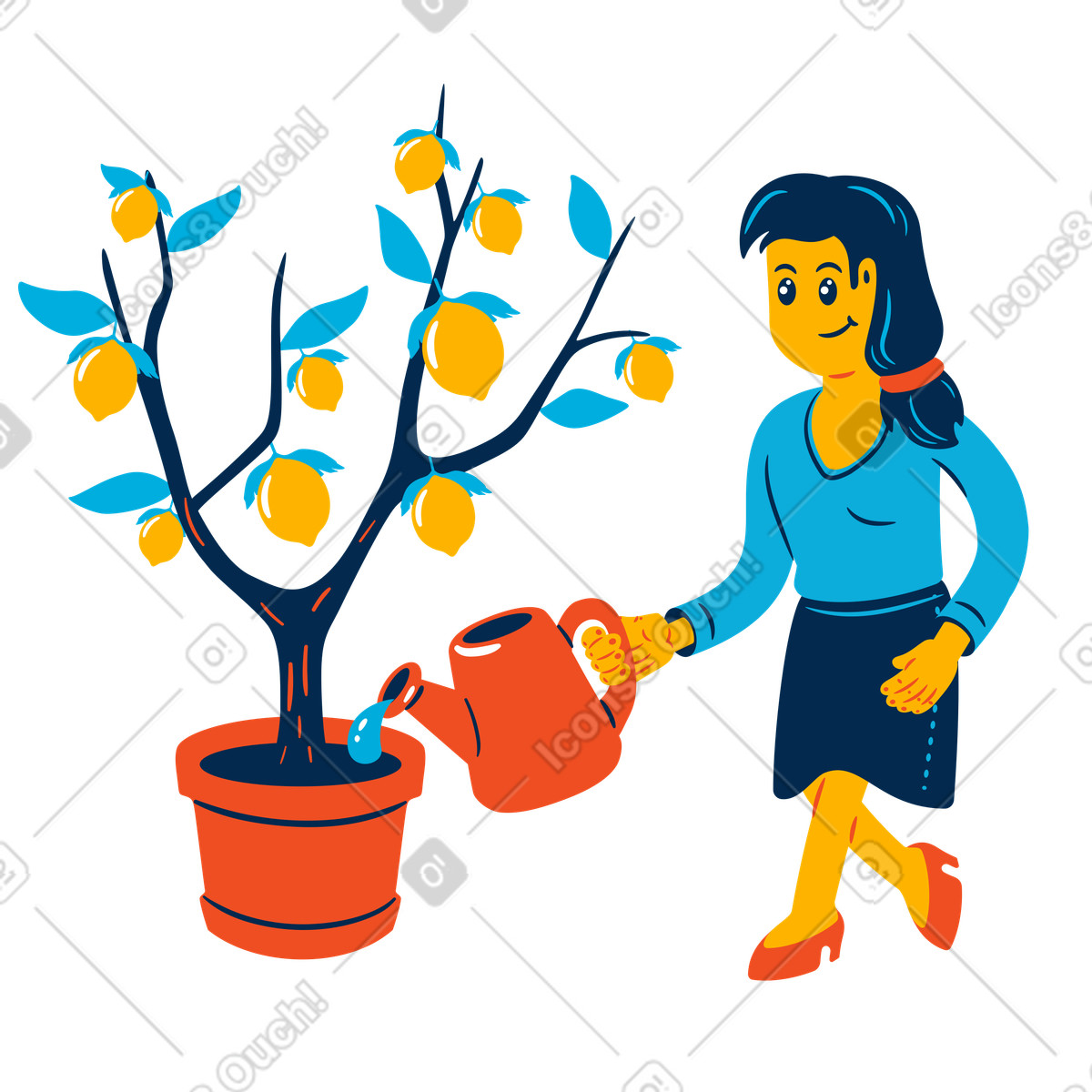 Illustration Femme arrosant un citronnier en pot dans le style Flame à télécharger aux formats PNG, SVG