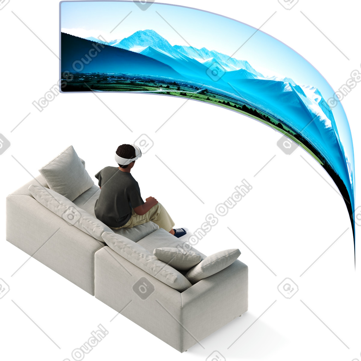 Uomo con gli occhiali vr sul divano a guardare un film illustrazione in stile 3D Business scarica in PNG, SVG