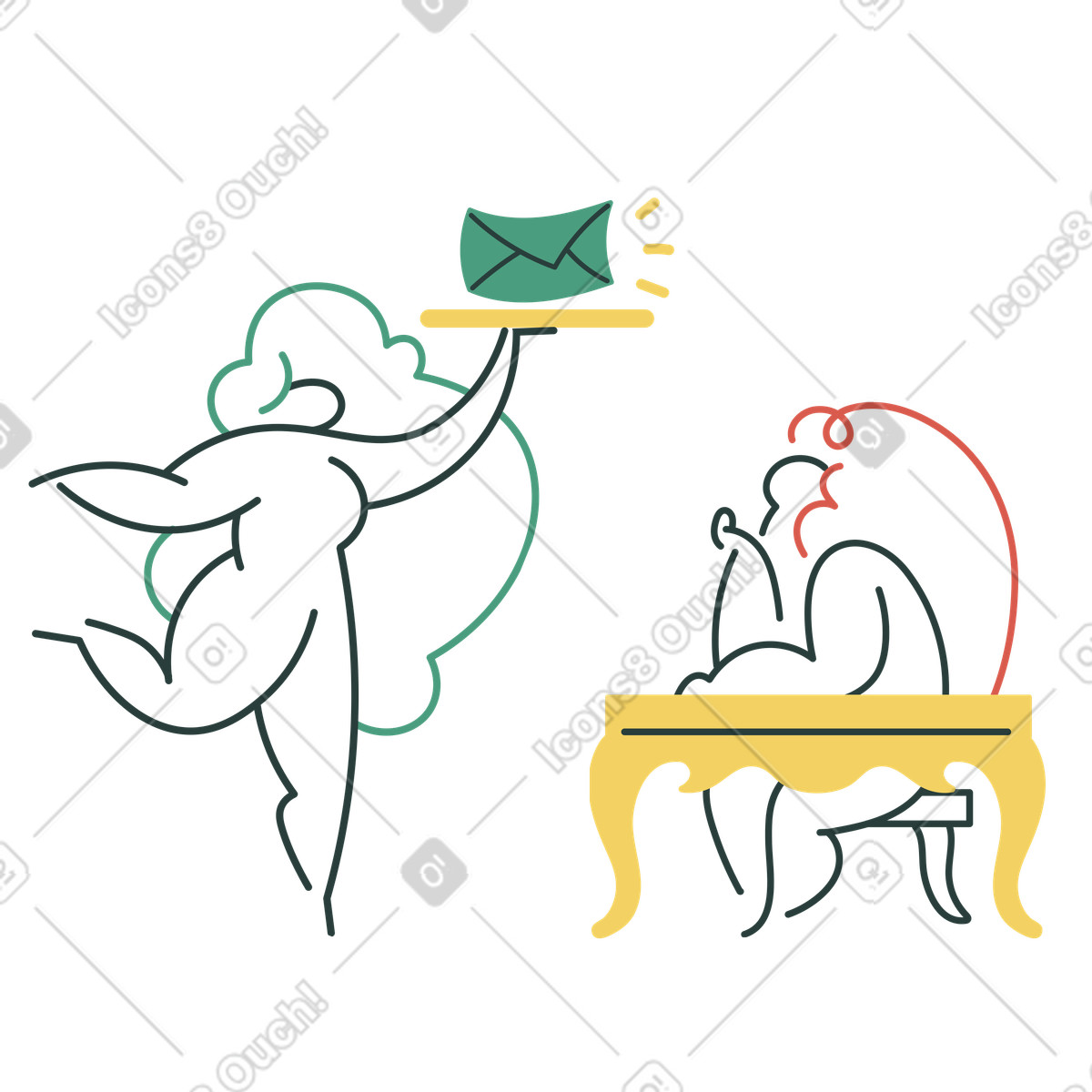 Macaroni 스타일의 Abstract courier bringing letter to seated recipient, Communication and messaging 일러스트레이션 PNG, SVG 다운로드