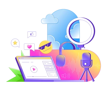 A laptop with a microphone and headphones - Rainbow style illustration