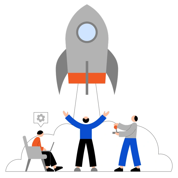 A rocket launching with people celebrating - Tiny style illustration