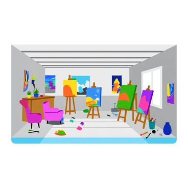 A spacious garage transformed into an artist's studio filled with vibrant paintings hanging on the walls. Several easels are set up around the room, each supporting a canvas featuring colorful artwork. The floor is scattered with tubes of paint and brushes, adding to the creative atmosphere. A large window allows natural light to illuminate the space, casting soft shadows on the walls. Various art supplies are neatly organized on shelves, and a comfortable chair is positioned in one corner for relaxation.