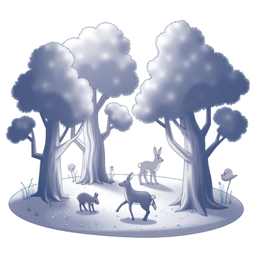 A dense forest filled with uniquely shaped trees. The trees have thick trunks and branches that spread wide, with thick foliage above them. Various animals are scattered throughout the scene, including a playful rabbit, a curious deer, and a couple of birds perched on branches. The ground is covered in a mix of grass and small wildflowers. Sunlight filters through the leaves, casting dappled shadows on the forest floor. Each animal appears engaged in a playful interaction, like chasing each other or observing their surroundings.