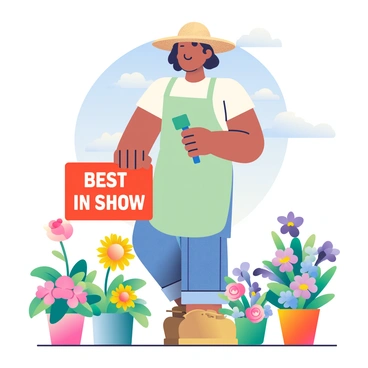 A gardener with tan skin is standing proudly among an array of vibrant, prize-winning flowers at a garden show. The gardener is wearing a wide-brimmed straw hat and a light green apron over a white shirt and denim jeans. They are holding a small trowel in their right hand, and their left hand rests on a bright red display sign that reads "Best in Show." Surrounding the gardener are a variety of flowers in full bloom, including tall sunflowers, delicate roses in shades of pink and yellow, and clusters of purple irises, all beautifully arranged in colorful pots. The background features a blue sky dotted with fluffy white clouds, enhancing the lively atmosphere of the garden show.