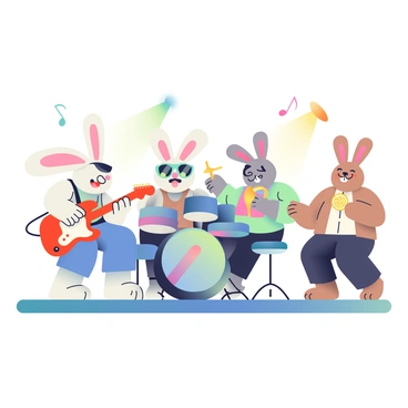 A group of four cartoonish rabbits is playing different musical instruments in a band. The first rabbit, with white fur and large ears, is playing a bright red electric guitar, smiling as it strums. The second rabbit, sporting gray fur and wearing sunglasses, is seated at a shiny black piano with its paws dancing over the keys. The third rabbit, with light brown fur and wearing a colorful vest, is energetically playing a set of drums, surrounded by cymbals. The fourth rabbit, with a tan coat and a playful expression, is holding a golden trumpet, preparing to blow into it. They are all positioned on a wooden stage with colorful lights shining down on them. A few music notes are floating in the air around them, adding to the lively atmosphere.