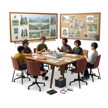 A group of five artists are gathered around a large wooden table, engaged in an animated discussion. Each artist has a distinct appearance, including one with short curly hair, another with long straight hair, and a third wearing glasses. On the table, there are numerous sketches depicting various fantasy landscapes, mythical creatures, and unique architectural designs. Some sketches feature towering castles with intricate spires, while others depict lush forests filled with unusual plants and animals. The artists are using colored pencils and markers, with a few sketchbooks stacked haphazardly next to them. The room is filled with art supplies, including paintbrushes, watercolor paints, and additional sheets of paper scattered around. A large corkboard on the wall displays more artwork and inspirational images, enhancing the atmosphere of creativity and collaboration.