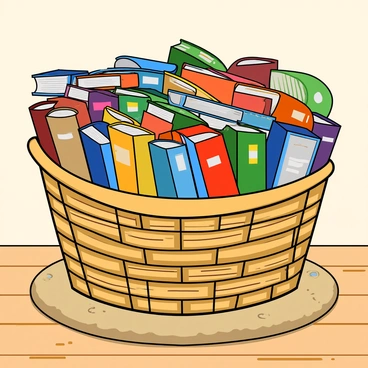 A large, woven laundry basket made from natural fibers sits on a wooden floor. The basket is creatively repurposed as a bookshelf, filled to the brim with various colorful novels. The books are stacked at different angles, some leaning against each other while others are upright. The spines of the books display a variety of vibrant colors and titles. A couple of books are slightly spilling over the edge, emphasizing the overflowing effect. The basket is surrounded by a cozy, textured rug, and there are a few scattered bookmarks peeking out from the books. A soft, warm light filters in, casting gentle shadows around the basket.