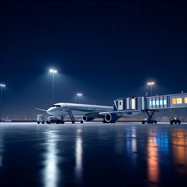 Jet bridge and airplane illuminated by airport lights against a starry night sky