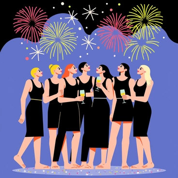 A New Year's Eve celebration with a group of partygoers dressed in elegant black dresses. The women are standing together, looking up at the sky with expressions of joy and excitement. Colorful fireworks are bursting in various shapes and sizes above them, illuminating the night sky with vibrant reds, greens, and golds. The ground is covered in confetti, and some partygoers are holding glasses of champagne, reflecting the festive atmosphere.