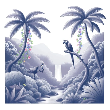 A tropical jungle filled with a variety of exotic plants. There are tall, leafy trees with broad canopies providing dense coverage. Vines hang from branches, intertwining with colorful flowers. The ground is rich with ferns and underbrush. Various animals can be seen throughout the scene. A large parrot is perched on a branch, while a monkey swings from tree to tree. In the distance, a waterfall cascades over rocks, surrounded by lush greenery.