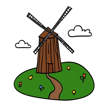 A windmill with a wooden body and a rustic appearance stands in a grassy field. The windmill has a single blade that is broken, causing it to sway unevenly in the gentle breeze. The sky is clear with a few fluffy clouds drifting by. The surrounding landscape features patches of wildflowers and a small dirt path leading towards the windmill. The sunlight casts soft shadows on the ground, highlighting the details of the windmill and the vibrant colors of the flowers.